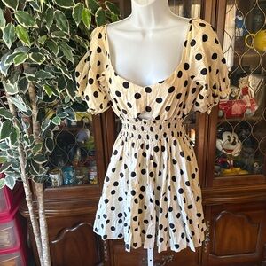 Rue Stiic Black and White Polkadot Sweetheart Neckline Puff Sleeve A-line Dress